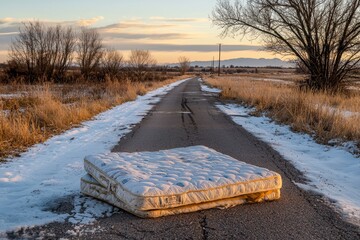 Abandoned Mattress on Empty Road Surrounded by Snowy Fields at Sunset