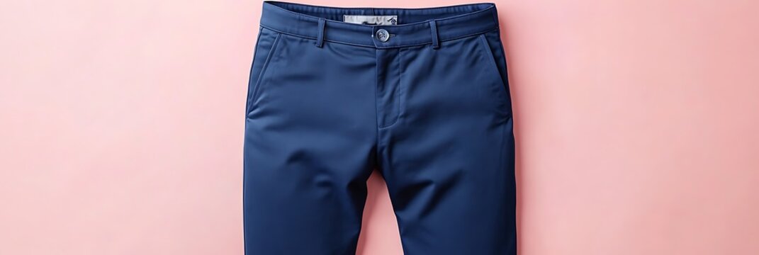 Navy-blue chinos mockup against a soft pink background for a stylish, modern look