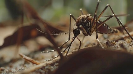 Close-up of mosquito resting on leaf in tropical forest, emphasizing its role in transmitting viruses, shallow depth of field.