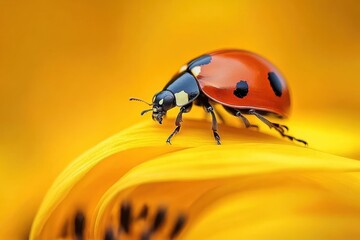 Fototapeta premium Close-up ladybug on vivid yellow-orange petal scene