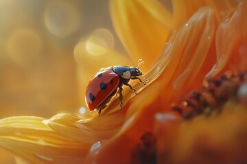 Ladybug traverses golden floral landscape at dusk