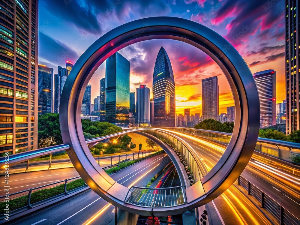 Poster captivating architectural photography of a modern urban loop design featuring innovative structures 
