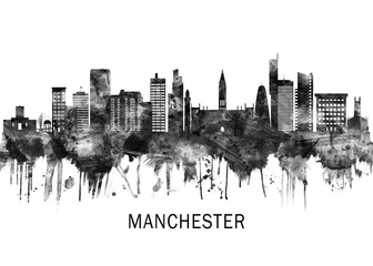 Obraz premium Manchester England Skyline BW, city landscape banner district business print painting watercolor