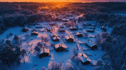 Fototapeta premium Aerial photography of a beautiful snow covered village in winter evening