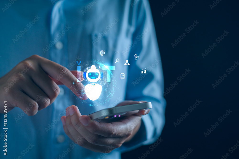 Poster business iot ai automation concept, businessman with virtual artificial intelligence automation conn