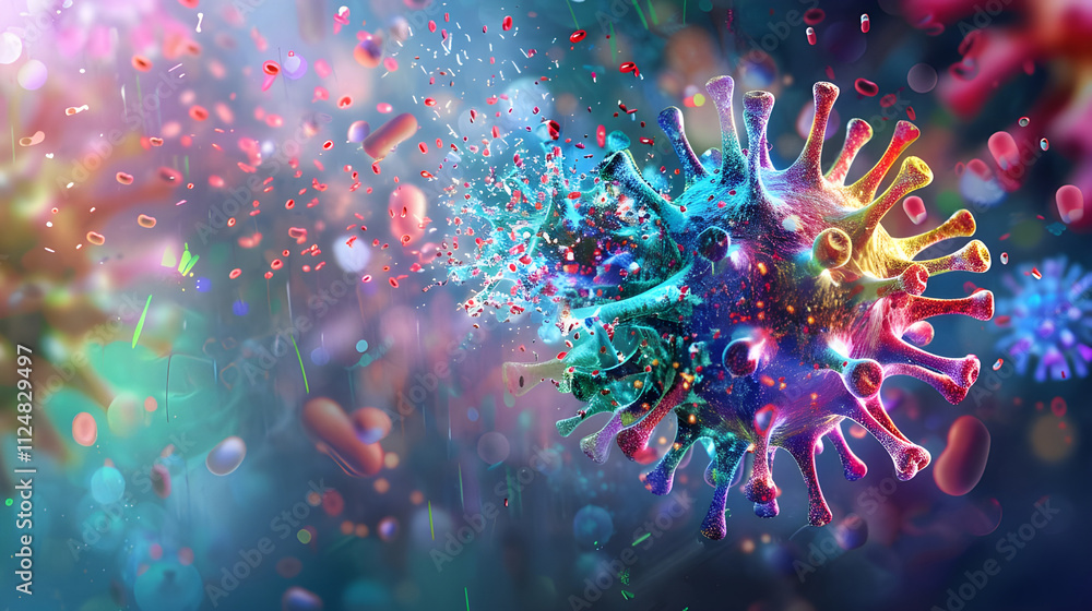 Poster microscopic view of exploding virus, vibrant colors, detailed 3d rendering.