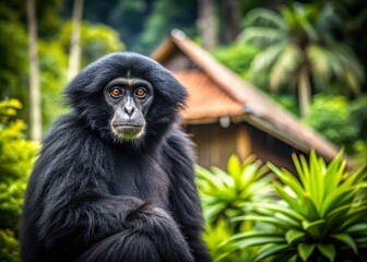 Obraz premium Captivating Architectural Photography of a Siamang Gibbon in its Natural Habitat Surrounded by Lush Forests of Indonesia, Malaysia, and Thailand, Showcasing Unique Wildlife Interaction with Nature