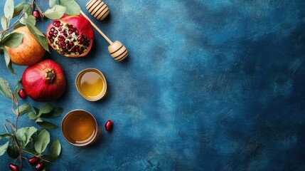 Rosh Hashanah symbols like honey, pomegranate, and shofar on a blue background
