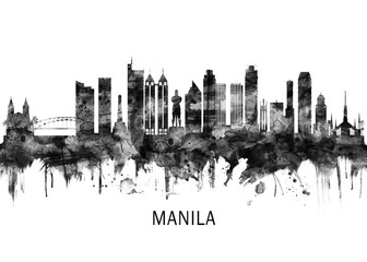 Obraz premium Manila Philippines Skyline BW, city landscape banner district business print painting watercolor