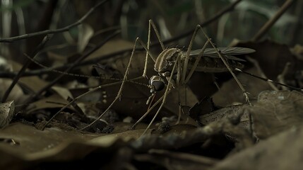Close-up of mosquito resting on leaf in tropical forest, emphasizing its role in transmitting viruses, shallow depth of field.