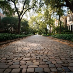 Serene cobblestone pathway historic district landscape photography urban environment ground level perspective tranquil atmosphere