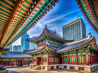 Captivating Architectural Photography Showcasing Korean Traditional Patterns in Modern Design Elements with Vibrant Colors and Intricate Details for Cultural Appreciation