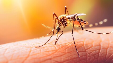 Close-up of mosquito resting on leaf in tropical forest, emphasizing its role in transmitting viruses, shallow depth of field.