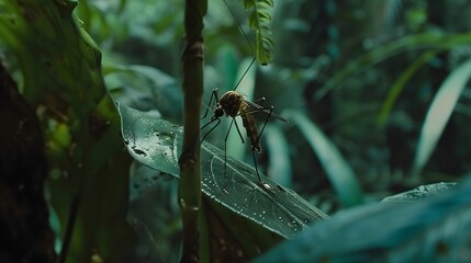 Close-up of mosquito resting on leaf in tropical forest, emphasizing its role in transmitting viruses, shallow depth of field.