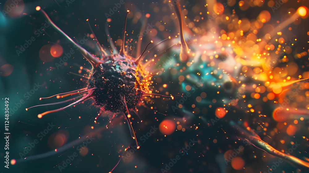 Poster microscopic virus particle exploding with vibrant energy.