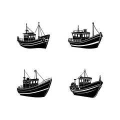 Set of Fishing vessel boats silhouette, black and white silhouette, vector and illustration