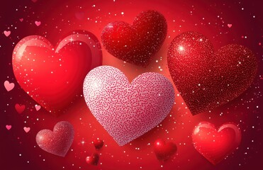 Valentine's Day background with red and pink hearts, shiny glitter design on a dark red background