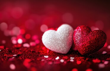 Two shiny, glittery red and white hearts with a bokeh effect on a Valentine's Day background with copy space.