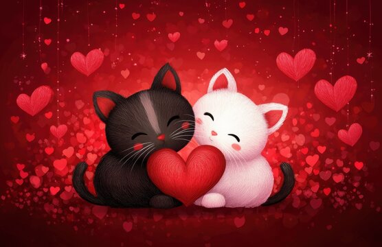 Cute black and white cat couple hugging with a red heart on a Valentine's Day background, in the style of digital art.