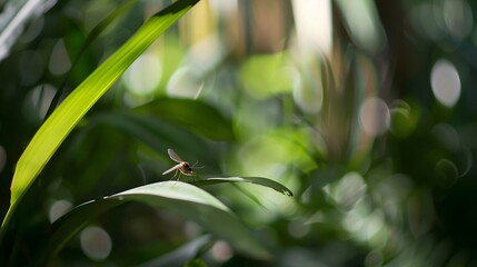 Close-up of mosquito resting on leaf in tropical forest, emphasizing its role in transmitting viruses, shallow depth of field.