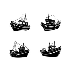 Set of Fishing vessel boats silhouette, black and white silhouette, vector and illustration