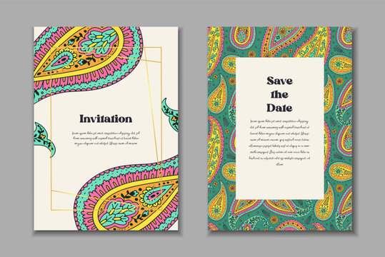 Two greeting cards templates set with bright colorful paisley motifs. Wedding invitation with oriental decoration. Modern abstract stationary design.