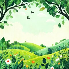 Naklejka premium Lush green landscape with vibrant flowers.