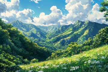 Lush green mountains under a bright blue sky.