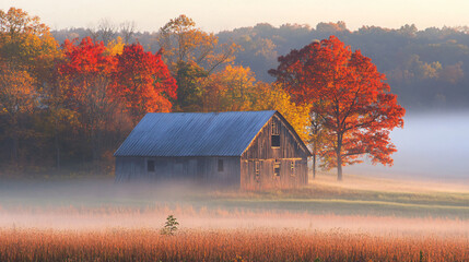 An old barn barely visible in the thick morning fog.