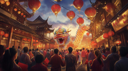 Obraz premium Vibrant Chinese New Year Celebration with Dramatic Dragon Dance
