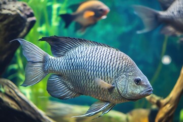 Colorful freshwater fish swimming in an aquarium habitat during daylight hours