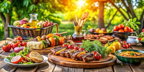 Fototapeta premium Captivating BBQ Scene with Grilled Meats, Fresh Vegetables, and Vibrant Outdoor Settings Perfect for Summer Gatherings and Culinary Enthusiasts Seeking Inspiration