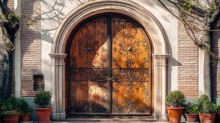 An antique arched door with a heavy wooden frame, adorned with intricate ironwork.