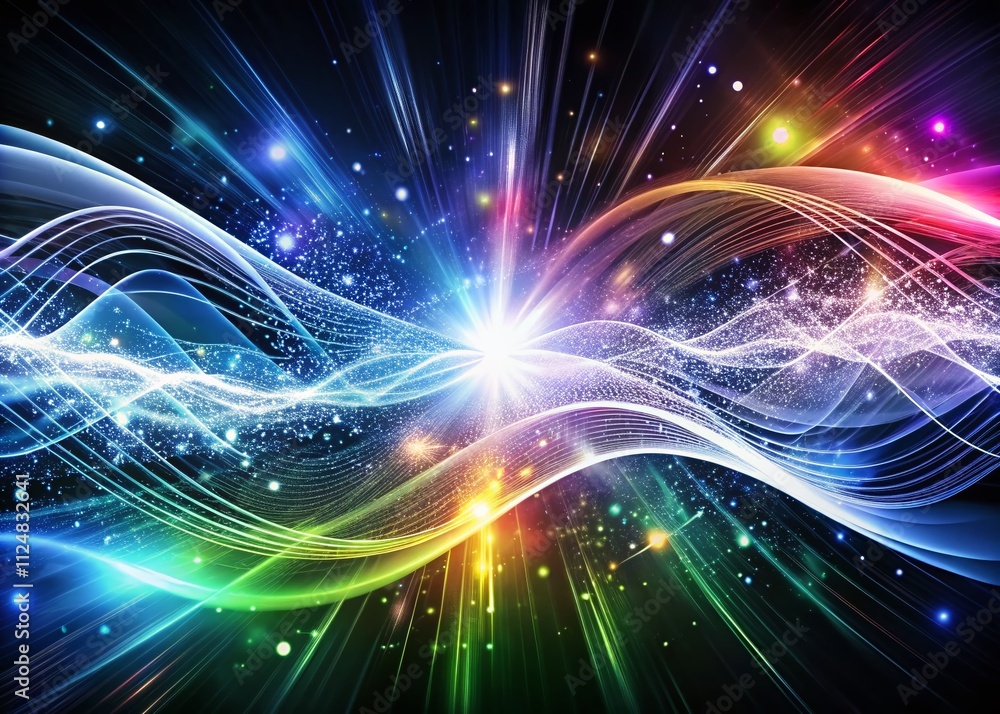 Poster captivating black and white abstract energy waves with digital light rays, iridescent morphing effec