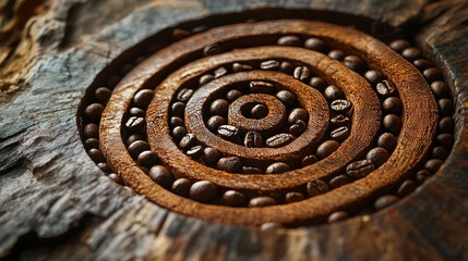 Naklejka premium cup coffee beans wooden earthy. A wooden spiral design filled with coffee beans, showcasing a rustic and artistic arrangement that highlights natural materials.