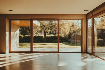 Fototapeta premium Modern interior with large windows and sunlight.