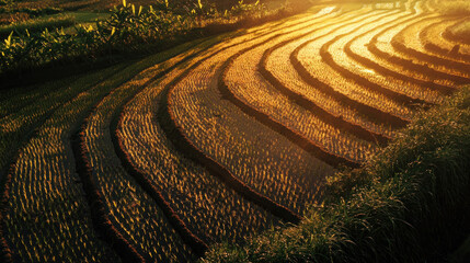 Sunset over terraced rice fields, showcasing vibrant colors and patterns. golden light enhances beauty of landscape, creating serene and tranquil atmosphere