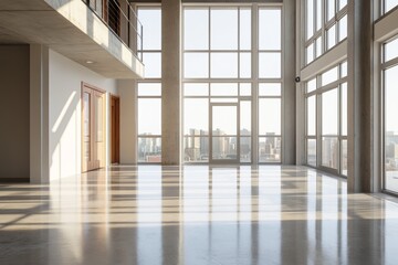 Fototapeta premium Modern interior with large windows and light.