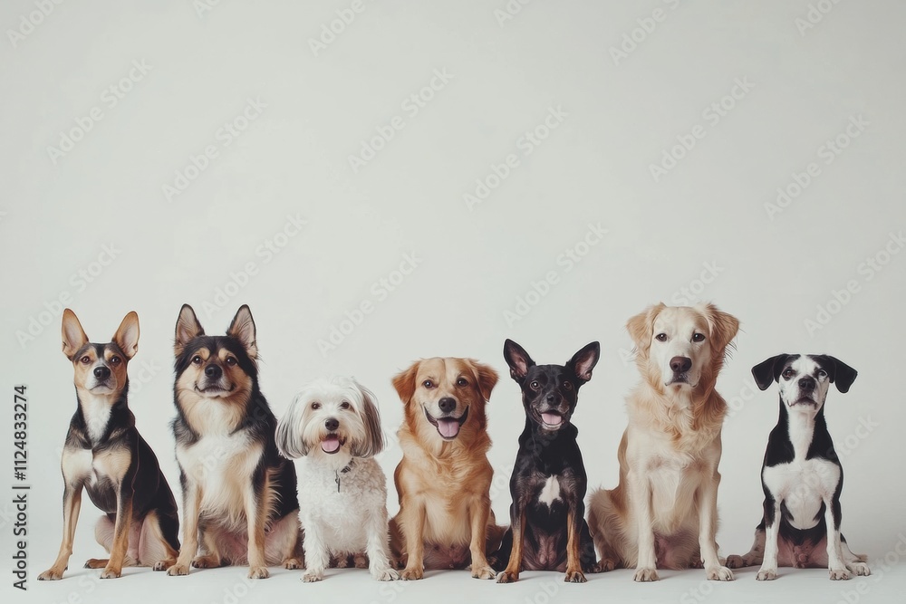 Poster A group of playful dogs shows a variety of breeds and sizes while sitting side by side in a bright, inviting space. Generative AI
