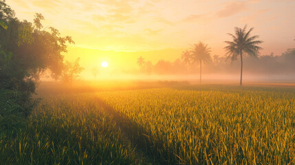 Obraz premium Golden sunrise over lush rice fields with mist rising, creating serene morning atmosphere. vibrant colors and tranquil setting evoke sense of peace and beauty
