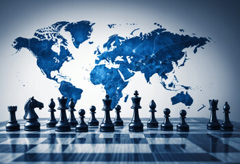 Strategic global business concept illustrated with chessboard merging with a world map, highlighting planning and leadership on a global scale.