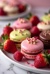 Artistic Dessert Presentation: A Colorful Array of Macarons, Decadent Chocolate Truffles, Fresh Strawberries, and Raspberry Sauce Perfect for Food Photography
