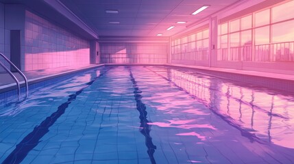 Aesthetic swimming pool and reflect ripple on water surface, pastel rainbow pink and violet manga / anime art style, japanese citypop nostalgic feeling