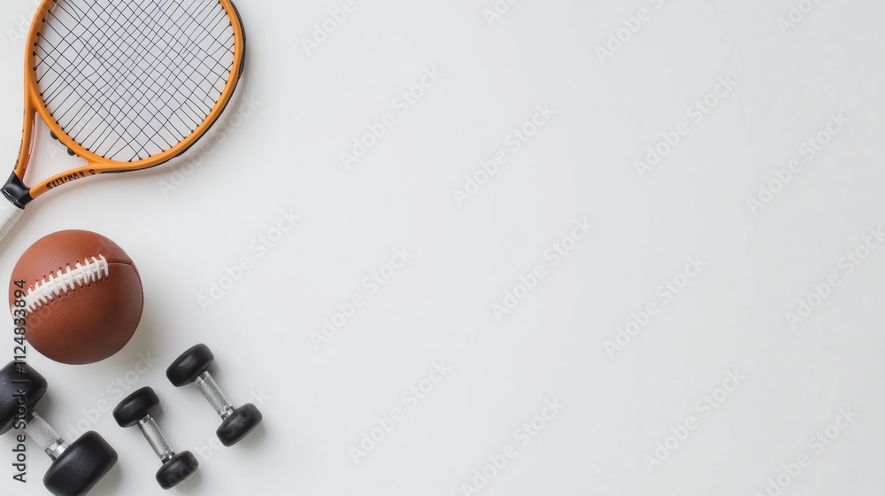 Poster sports equipment such as a football, tennis racket, and dumbbells are neatly arranged against a blan