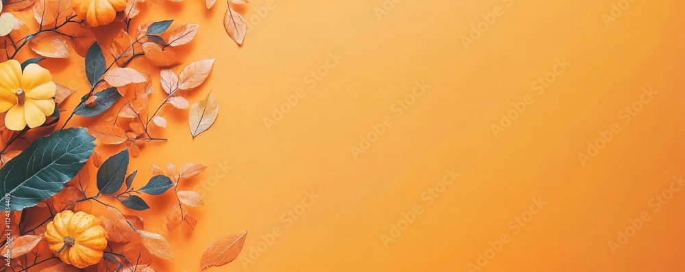 Poster autumn composition with pumpkins and dry leaves creating a side border on orange background