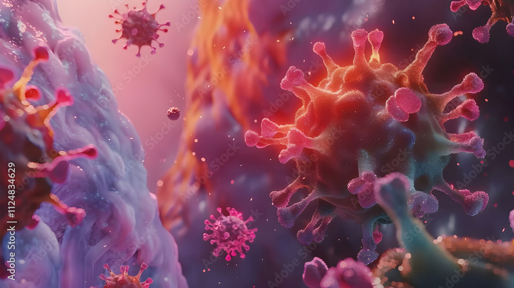 Poster microscopic view of viruses attacking a cell.