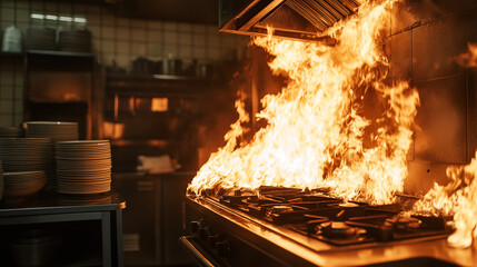 A kitchen engulfed in flames highlights the importance of fire safety and emergency preparedness.