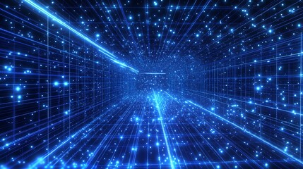 A digital tunnel of blue light particles, creating a sense of depth and movement.