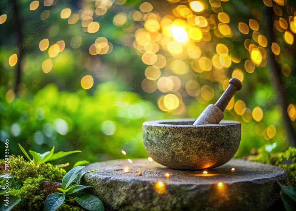 Poster captivating bokeh effect on a grinding stone surrounded by natural elements and soft lighting for a 