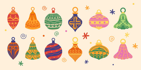 ethnic culture decorative element illustration.  Beautiful ornament winter holiday decorations for Christmas tree, DIwali, and more vector cartoon flat illustration, retro Xmas baubles , hanging 